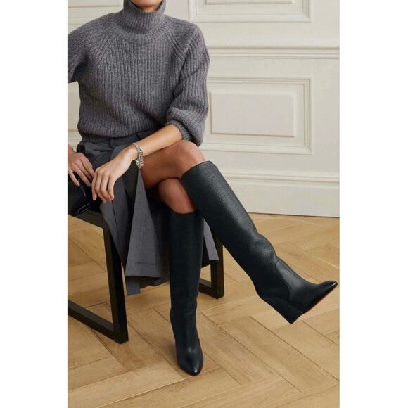 Christian Louboutin Civiliza 100 Black Leather Wedge Knee High Boots Size 37 - Picture 1 of 16